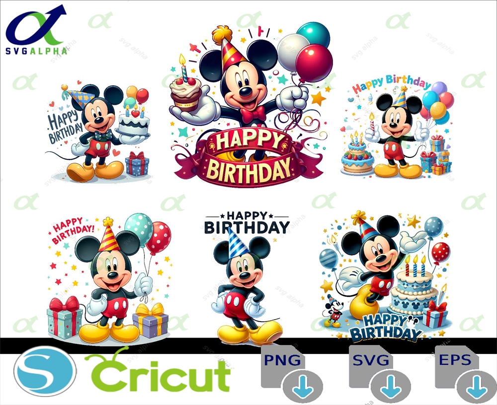 6 PNG Mickey Birthday Bundle Design, High Quality Resolution, Sublimation Digital Download, Mickey T-Shirt Design, Mouse Birthday Clipart PNG